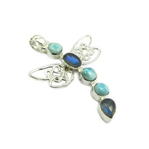 Pendentif papillon en argent 925 fait à la main Larimar Multi Gemstone Fabricant de pendentifs et breloques en argent sterling - Product Image 1