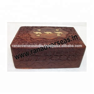 Organizador de almacenamiento de joyería de madera ecológico tallado a mano tradicional con incrustaciones de latón de elefante y hoja India - Product Image 2