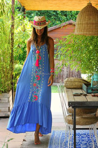 เดรสแม็กซี่ยาวปักลายดอกไม้สไตล์ลำลอง,แฟชั่นมีพู่ด้านหลังไม่หักสำหรับฤดูร้อนชายหาด - Product Image 2