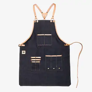 Celemek Kustom Bib Barista Tukang Bunga Seragam Tukang Cukur Celemek Tali Kulit Denim