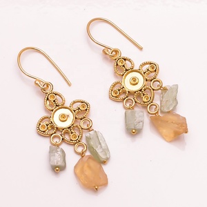 <b>Beautiful</b> Two Stone Fancy Shape Raw Aquamarine Citrine Gemstone Brass <b>Earrings</b>, Indian Gold Plated Brass Jewelry - Product Image 1