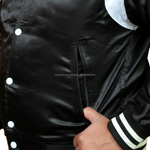 Haute Qualité Satin Baseball Bomber Veste Noir Blanc 7XL Printemps Épaule Inserts Rayures Respirant Varsity Casual OEM Service - Product Image 5