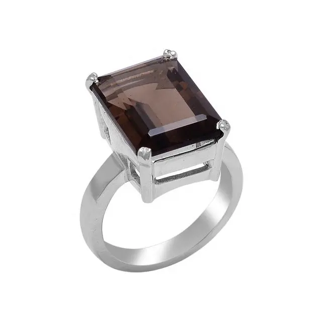 Octagon Smokey Quartz Gemstone Square Shape Prong Set Sterling Silver Jewelry Ring