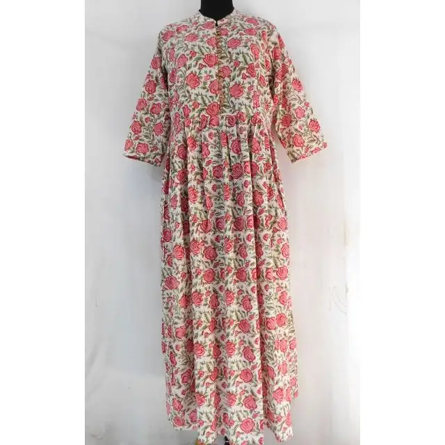 Indian handmade cotton hand block flowers printed casual front slit close button women ethnic classic dress top tunic kurtis