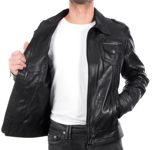 <b>Black</b> Biker Style Motorcycle Jacket Classic <b>Real</b> Leather Fashion Jacket with Front Zip and Pockets Comfortable Leather Jackets - Product Image 3