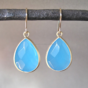 Pendientes colgantes de bisel de plata esterlina con piedras preciosas de Calcedonia azul para mujer-Fiesta y regalo de boda - Product Image 1