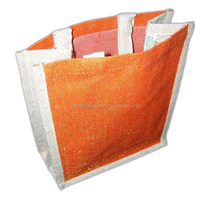 LOWELLCRAFT Orange Jute Mini Shopping <b>Bag</b> with White Trim Rope Handle Groceries Carrier From Delhi - Product Image 1