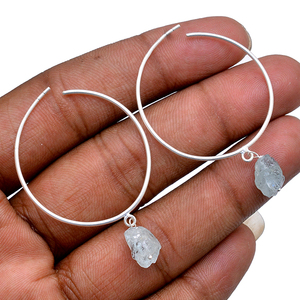 Natural Aquamarine Rough 925 Sterling Silver Hoop Earrings <b>Jewelry</b> <b>Handmade</b> Design 100% Natural Gemstone Earring for Women Girls - Product Image 2
