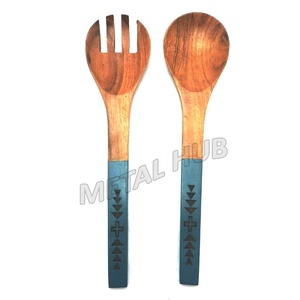 Ensemble de service à salade en bois d'acacia classique avec poignée bleue Ustensiles de service en bois durables écologiques idéaux pour les fêtes - Product Image 1
