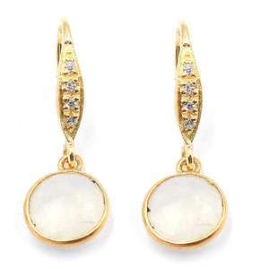 Pendientes Rainbow Moonstone 25-26mm Forma redonda de plata 925 con circón y bisel dorado Alambre de oreja plateado - Product Image 1