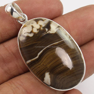 Colgante solitario grande de jaspe de madera de cacahuete, ajuste de bisel, piedra preciosa Natural clásica, colgante de plata de ley sólida 925, joyería - Product Image 1