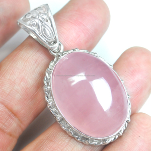 Colgante fino de Plata de Ley 925, joyería de plata de cuarzo rosa - Product Image 1