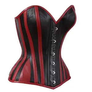 COSH CORSET Overbust Steelboned Black Leather Corset With Red Leather Boning And Trim, Steampunk And Gothic Corset Top Vendors