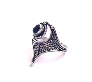 Women's <b>Adjustable</b> Bohemian Brass <b>Ring</b> with <b>Silver</b> Stone and Black Onyx Gemstone Bezel Setting for Anniversary - Product Image 3