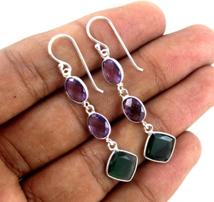 Émeraude améthyste Hydro Mix forme fait à la main argent Dangle argent plaqué argent 925 forme de luxe boucles d'oreilles cadeau - Product Image 6
