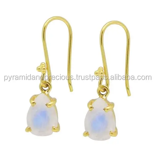 Rainbow Moonstone Gold Vermeil Prong Set 8x12mm Faceted Pear Drop Gemstone Dangle Earrings - Earring For Women