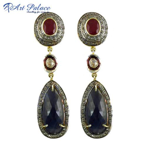 Victorian <b>Diamond</b> Ruby & Sapphire Silver Earrings Victorian Earrings - Product Image 2
