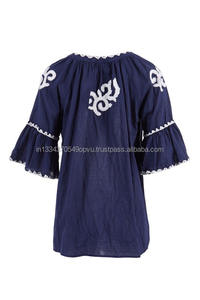 Look professionnel décontracté décent blanc et bleu haut contraste brodé manches à volants chemisier haut pour les femmes de bureau - Product Image 4