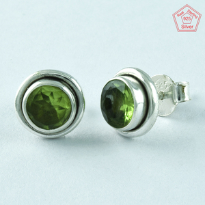 Round Peridot Stone 925 <b>Sterling</b> <b>Silver</b> <b>Stud</b> Earrings Unisex Gold Jewelry for Wedding Party or Engagement Gift - Product Image 2