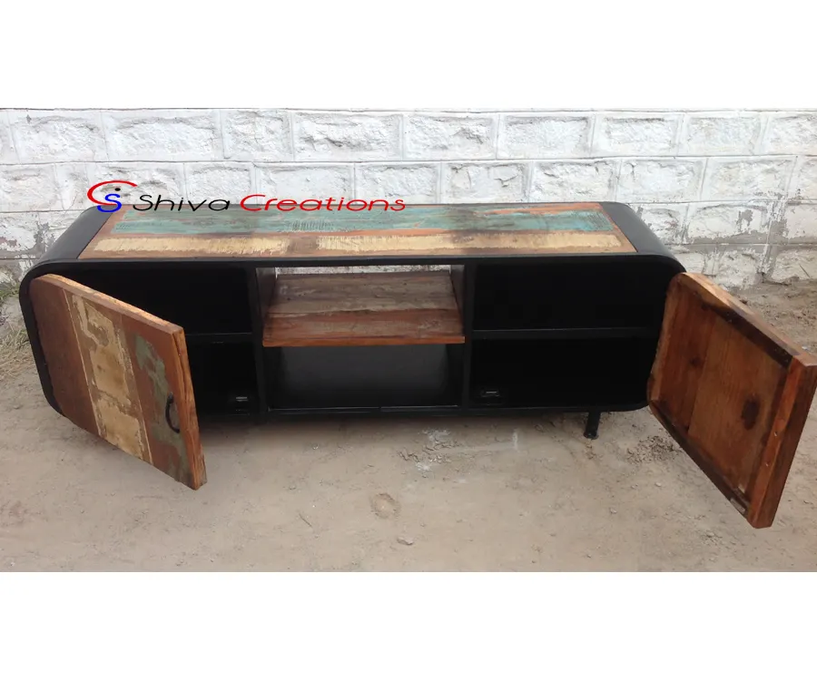 Metal Reclaimed Wood Tv Stand Entertainment Center Console Cabinet wholesale price corner tv stand