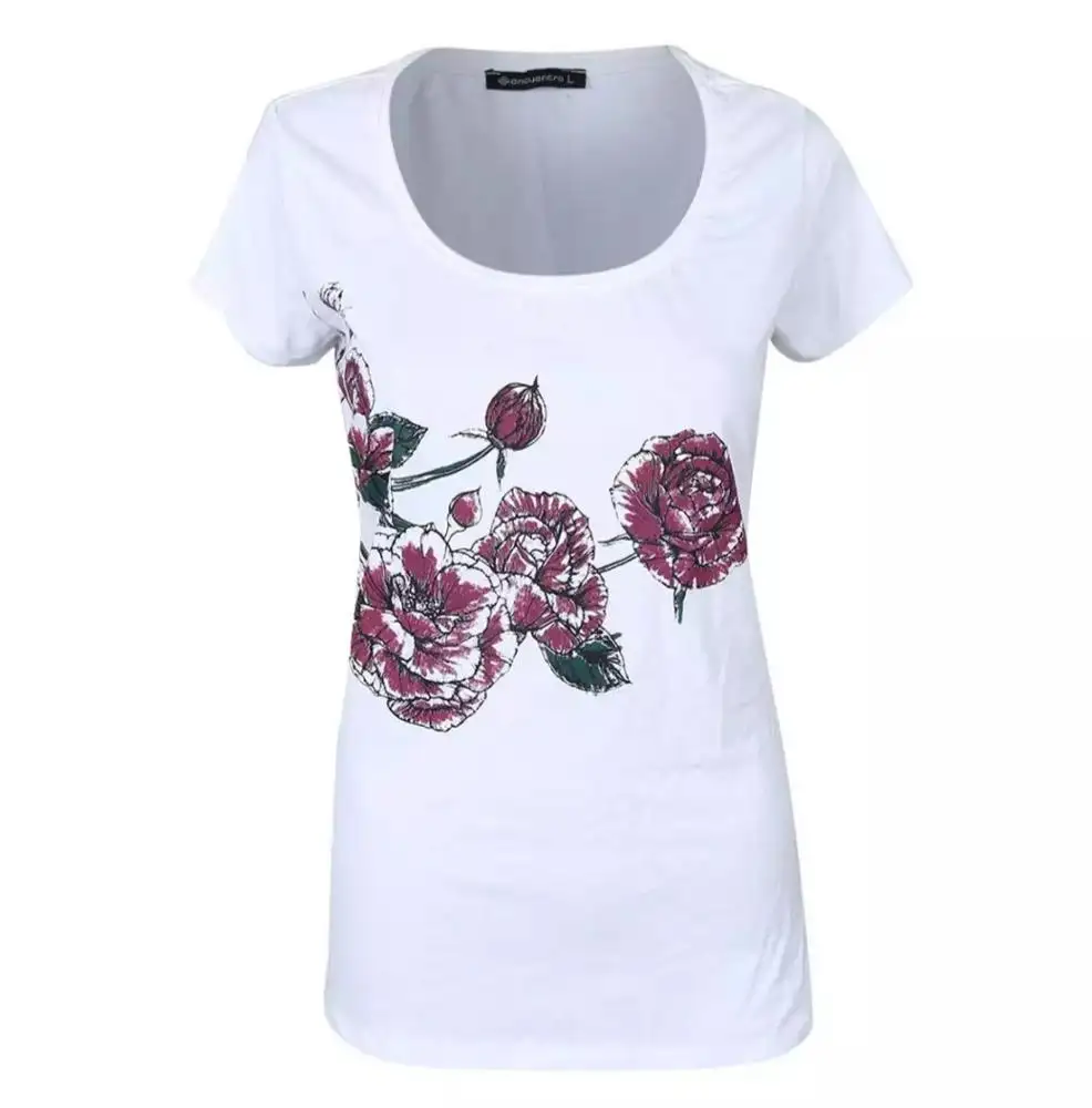 Bayan ilkbahar/yaz kısa kollu çiçek baskı moda ekip boyun kadın t-shirt koleksiyonu bangladeş