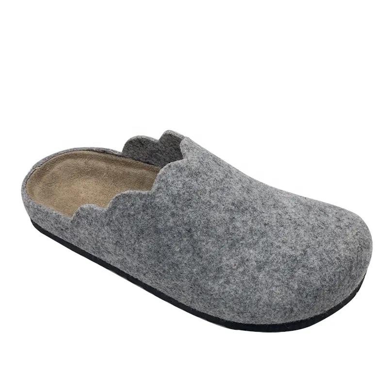 Latest Trendy Grey Slip On Shoes Women Felt Upper Cork Insole Close Toe Slippers With Eva Sole Sheet