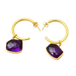 Pendientes colgantes de tuerca chapados en oro de Plata de Ley 925, ajuste de bisel de piedras preciosas de amatista de corte elegante, medio regalo de boda de moda - Product Image 2