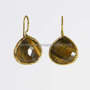 Boucles d'Oreilles Pendantes Oeil de Tigre Or Vermeil Pierres Précieuses Style Classique pour Mariages Fêtes ou Cadeaux - Product Image 1