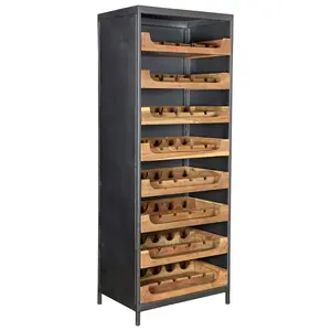 Industrial Iron & Wooden 8 Tray 32 Wine Bottle Holding Display Case Rack Cabinet Easy to Use With Black & Natural Finish - Product Image 1