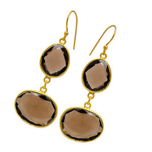 Classic 925 Sterling <b>Silver</b> Gold Plated Smoky Quartz Oval Shape <b>Earrings</b> Fashionable <b>Dangle</b> Design for Women Wedding Party Gift - Product Image 1