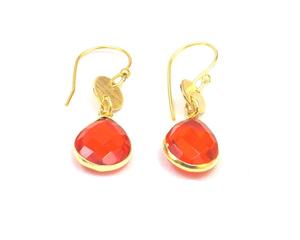 Carnelian Chalcedony Gemstone Pear Shape Faceted Brass Gold Plated Fashion Jewelry Gift for Her-Hoop <b>Earring</b> - Product Image 4