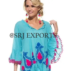 Most Popular Demand Perfect Floral Imperia Embroidery Flattering Frill Belle Sleeve Pom Pom Hem Tiable Neckline Blouse Top