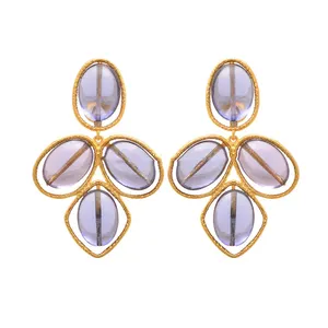 925 Sterling Silver Clover Gold Plated Natural Gemstone Lolite Handmade Earring At Factory Price For Sale Festive Season