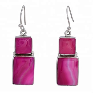Boucles d'oreilles à deux pierres précieuses en agate de dentelle rose en argent sterling 925 avec boucles d'oreilles à la mode romantiques plaquées argent pour les femmes - Product Image 1