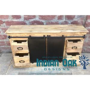 Aparador de almacenamiento de roble macizo de 3 cajones de diseño antiguo, Metal de hierro industrial y vintage y madera de mango para comedor, muebles para el hogar - Product Image 5