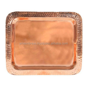 Plateau de service en métal pur cuivre Plateau en cuivre martelé Bordure martelée Plateau rectangulaire en cuivre servant le petit déjeuner/thé et café - Product Image 1