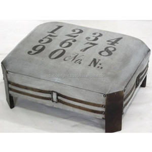 Tabouret carré bas en toile grise et cuir avec base en bois, décoration d'intérieur ou utilisation hôtelière - Product Image 2