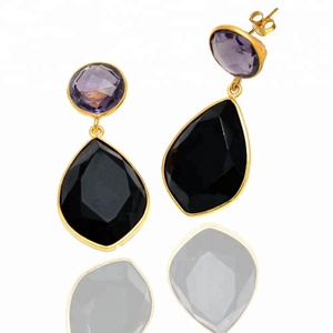 Wholesale 925 Sterling Silver Handmade Drop Dangle <b>Earrings</b> Black <b>Onyx</b> and Blue Amethyst With Gold Plating Fashion Jewelry - Product Image 2