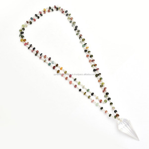 34 Inch Long 3-4mm Multi Tourmaline Bead Chain Necklace with <b>Crystal</b> Quartz Pendulum Necklace - Gemstone Pendulum Necklace - Product Image 2