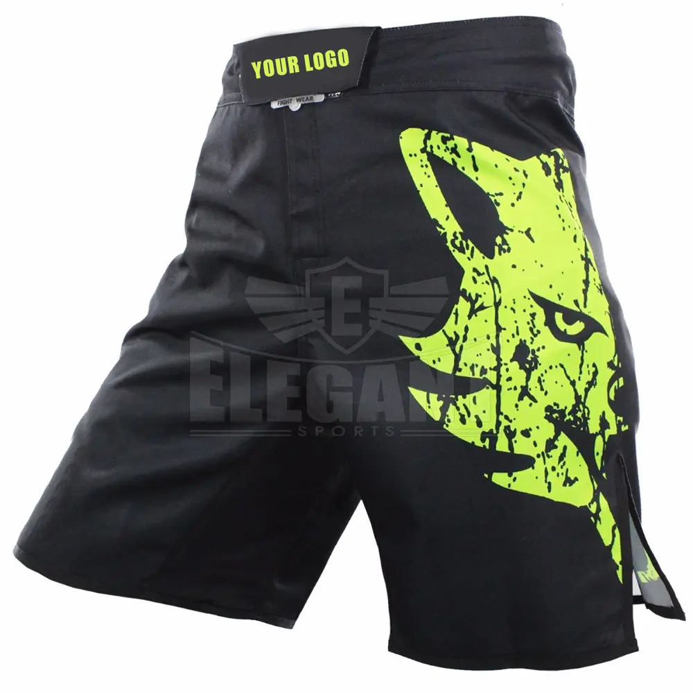 OEM Fully Customized Men's Muay Thai Boxing Shorts Green Wolf Printing MMA Shorts Fight Grappling Short Kick Gel Thai Boxing