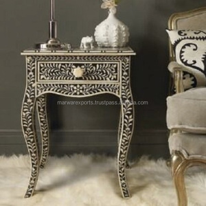 Mueble de Madera Maciza Antiguo con Incrustaciones de Hueso, Mesita de Noche con Incrustaciones de Hueso para Sala de Estar, Muebles para el Hogar Hechos de Madera - Product Image 5