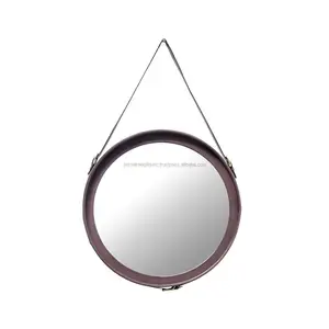 New Metal Wall Hanging Mirror With Leather Pasting Finishing Round Shape Genuine Quality For Home Decoration Wholesale Price