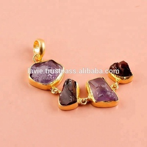 Plata esterlina 925 cuatro colgante bruto amatista Natural Granet de piedras preciosas chapado en oro de la joyería hecha a mano - Product Image 2