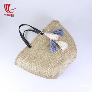 Algas Marinas de paja tejida Bolso tote de playa con manija de cuero borla/paja bolso de playa venta al por mayor - Product Image 5