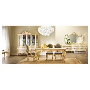 Meja Makan Barok Prancis dan Kursi, Furnitur Ruangan Solid Putih