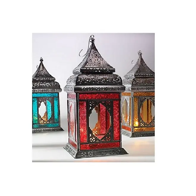 Iron Moroccan Lantern with Colorful Glass Intricate Filigree Patterns And Colorful Glass Panels Evoke The Beauty Of Moroccan
