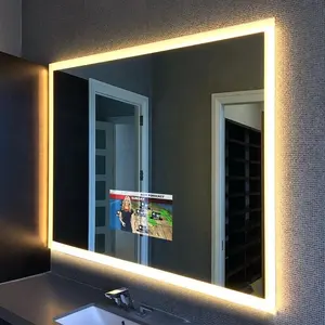 مرآة تلفزيون مضاء LED لحمام الفنادق مستطيلة