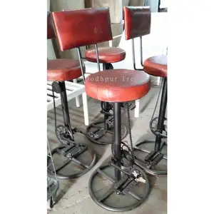 Vintage Iron Cycle Round Stool Leather Bar Stool Handmade Adjustable Bar Chair