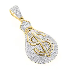 Pendentif en diamant pour hommes, sac d'argent 1.50 naturel, pendentif Hip-Hop, en or jaune 14k, pendentif en diamant de Style Hip Hop, 100% tendance