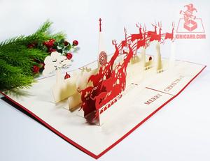 การ์ดคริสต์มาส 3d ทําด้วยมือซานตาเลื่อนกวางเรนเดียร์ปรากฏการ์ดอวยพรหัตถกรรมที่ทําในเวียดนาม - Product Image 5